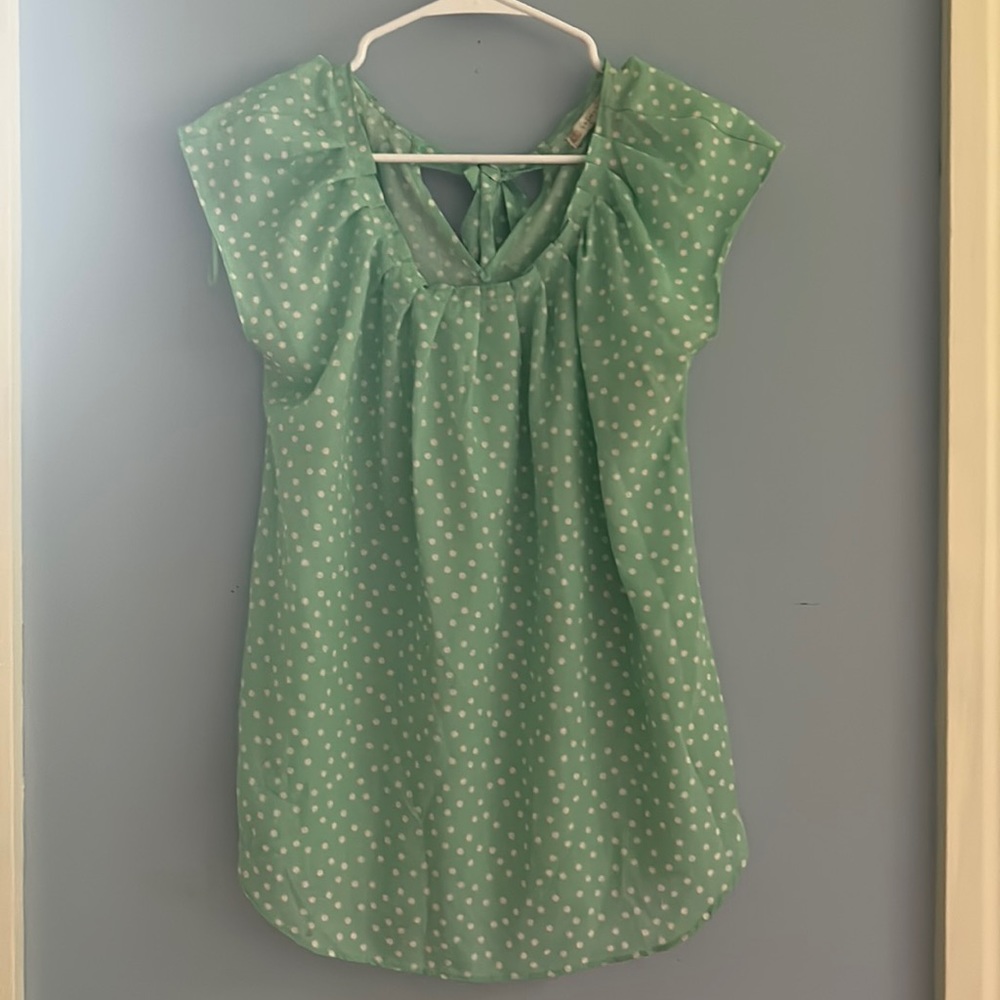 teal polka dot blouse